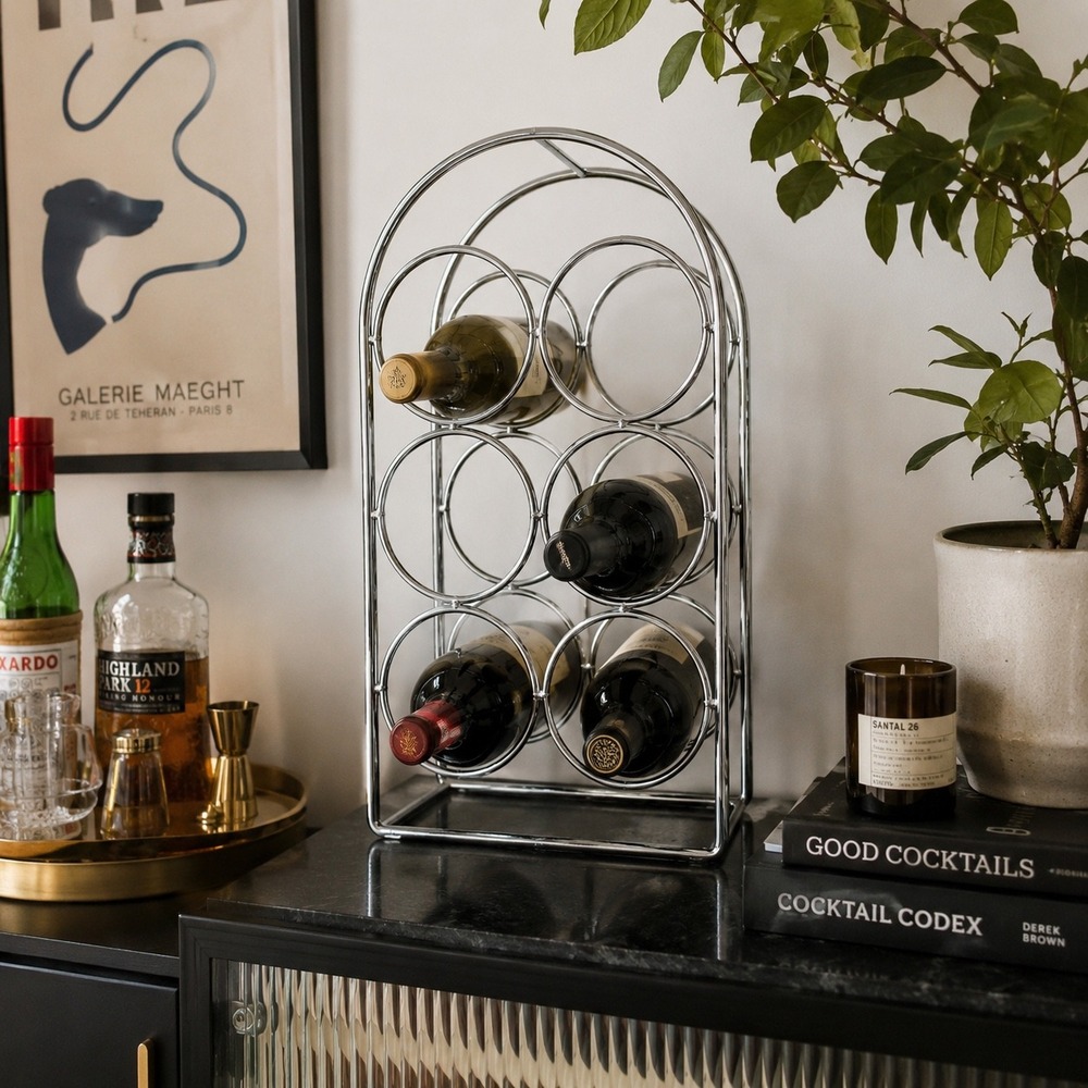 Vintage Chrome Wine Rack 6 Bottle Countertop Bar Storage Organizer mCM